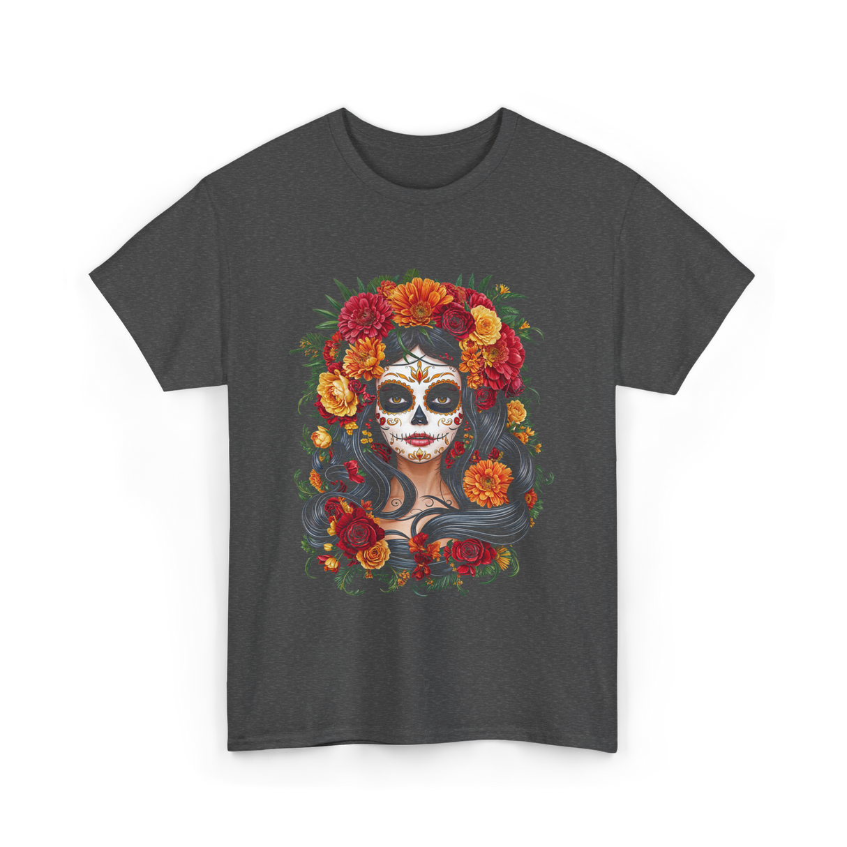 La Catrina Floral Sugar Skull T-Shirt - Dark Heather