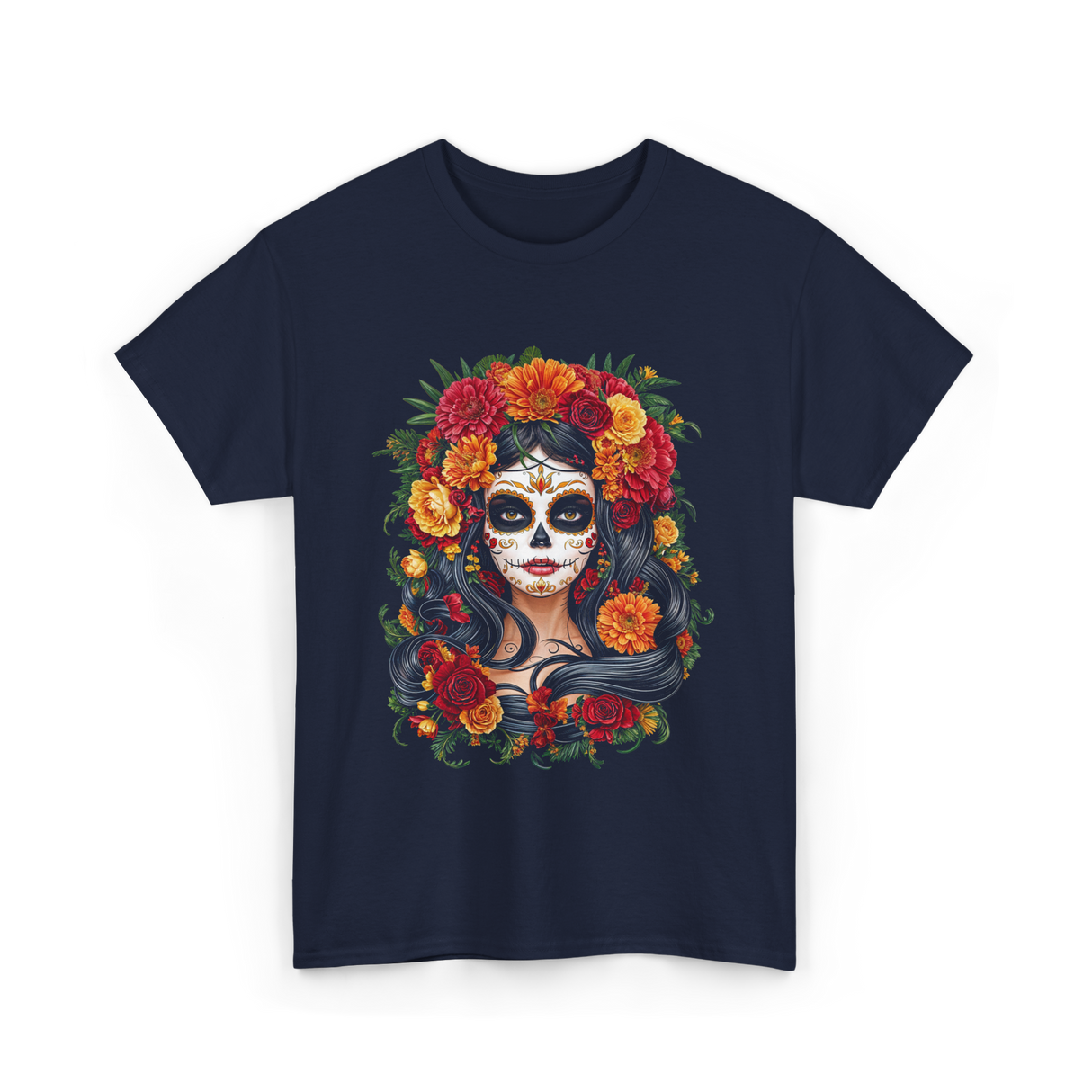 La Catrina Floral Sugar Skull T-Shirt - Navy