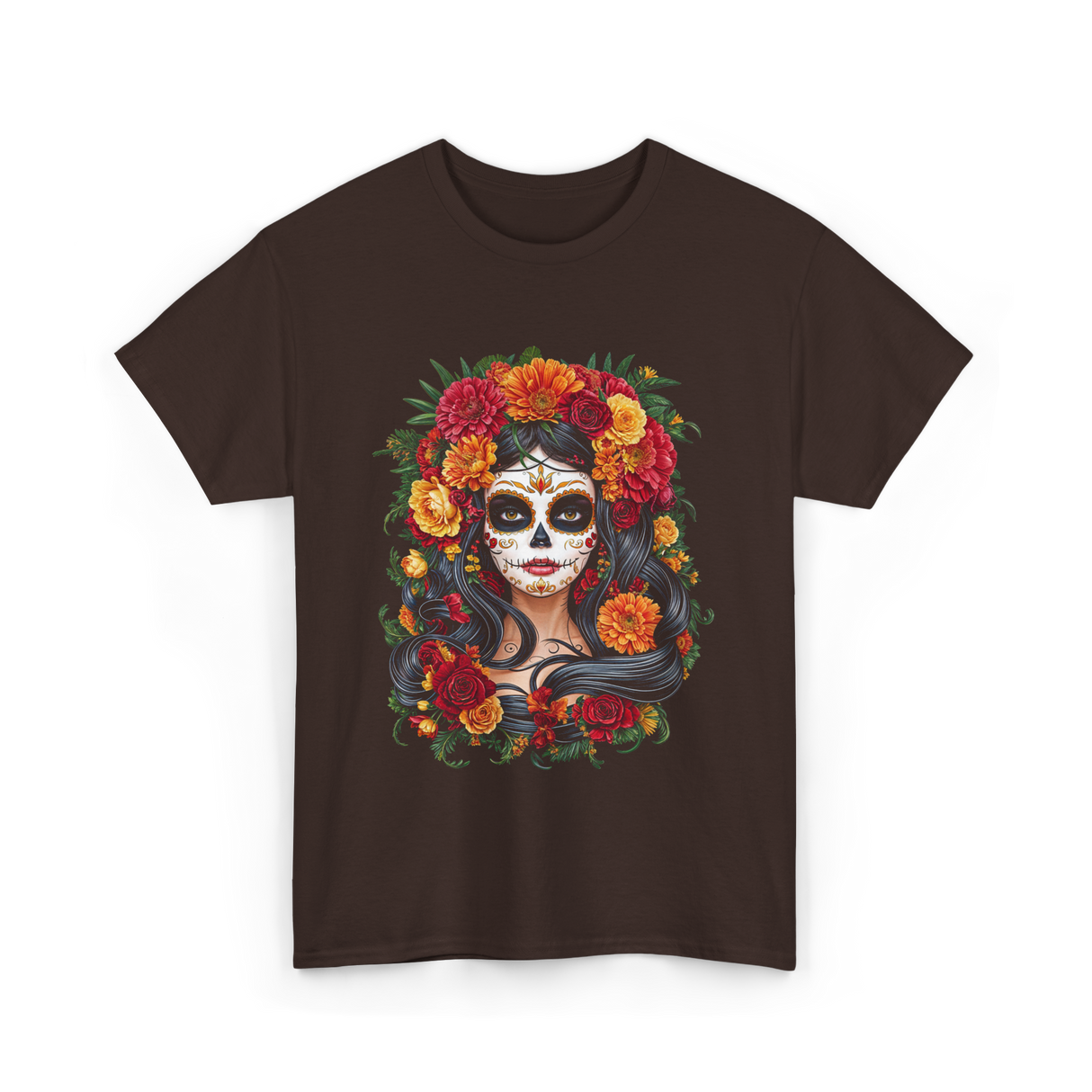 La Catrina Floral Sugar Skull T-Shirt - Dark Chocolate