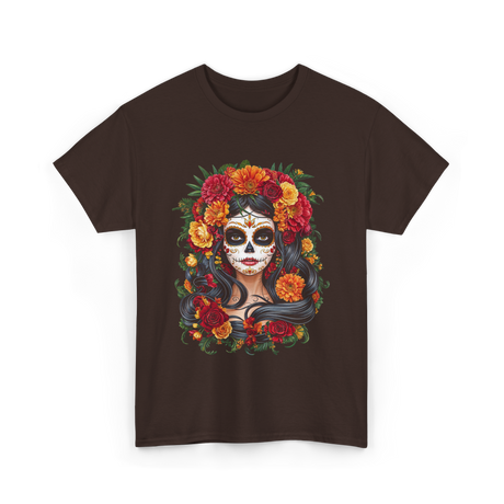 La Catrina Floral Sugar Skull T-Shirt - Dark Chocolate