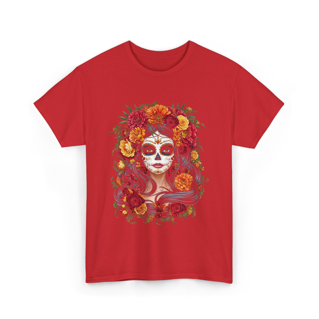 La Catrina Floral Sugar Skull T-Shirt - Red