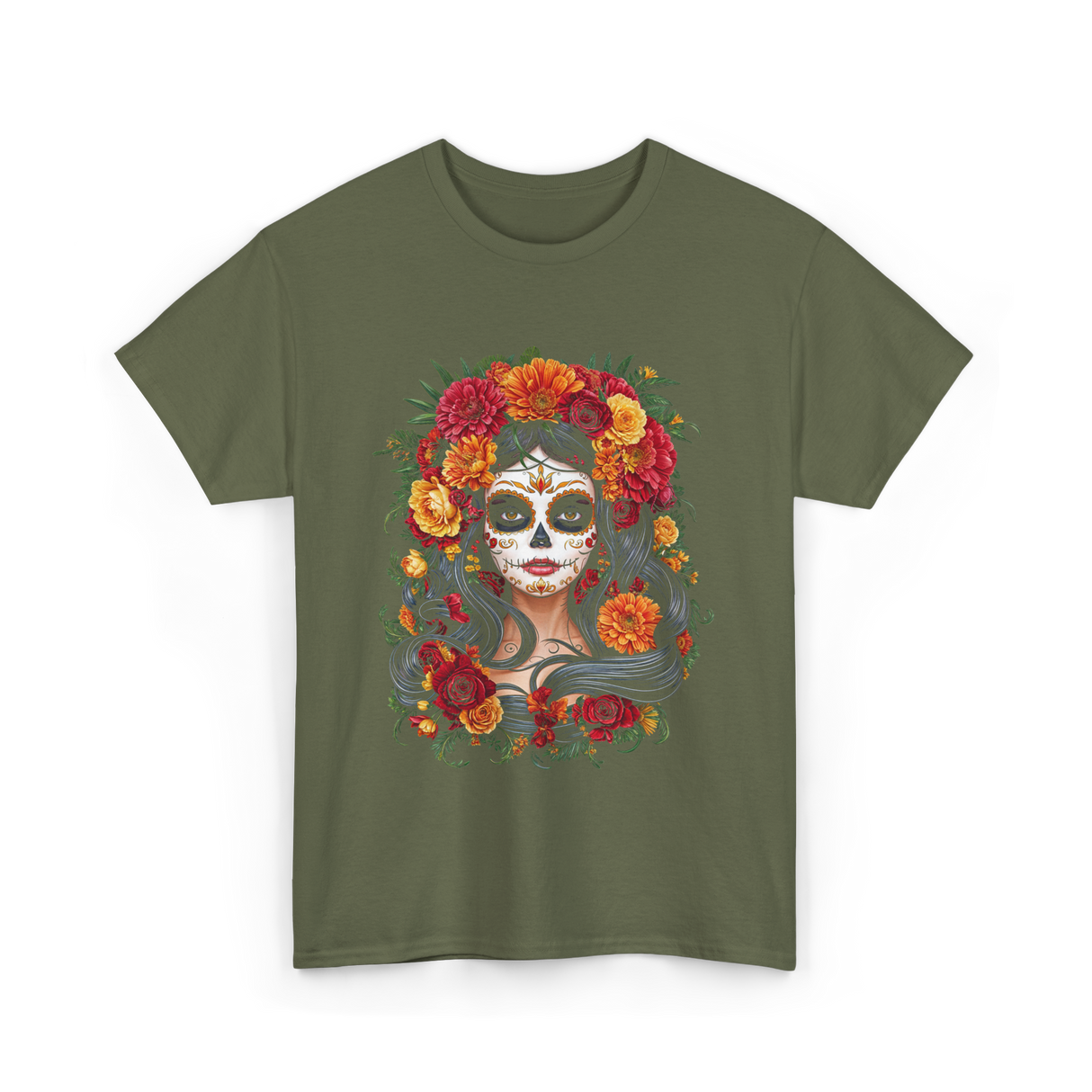 La Catrina Floral Sugar Skull T-Shirt - Military Green