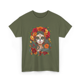 La Catrina Floral Sugar Skull T-Shirt - Military Green