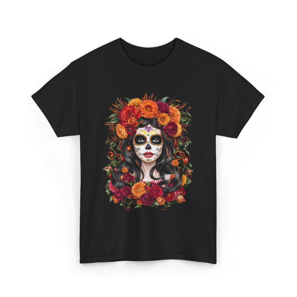 La Catrina Sugar Skull Floral T-Shirt - Black