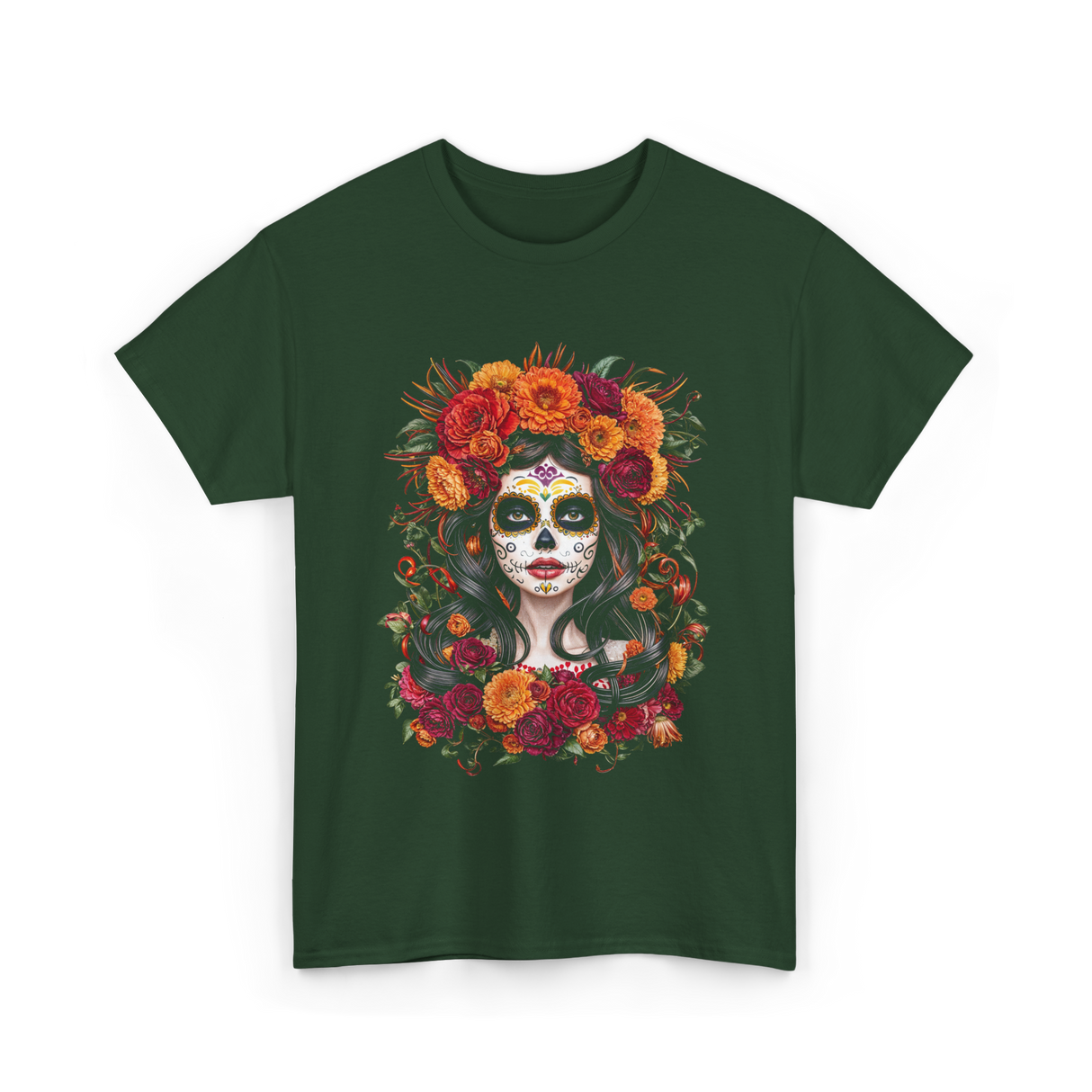 La Catrina Sugar Skull Floral T-Shirt - Forest Green