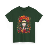 La Catrina Sugar Skull Floral T-Shirt - Forest Green