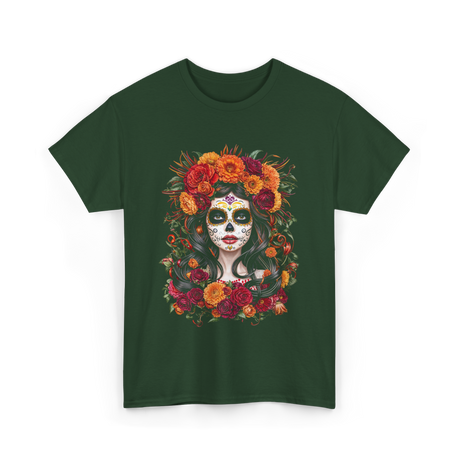 La Catrina Sugar Skull Floral T-Shirt - Forest Green