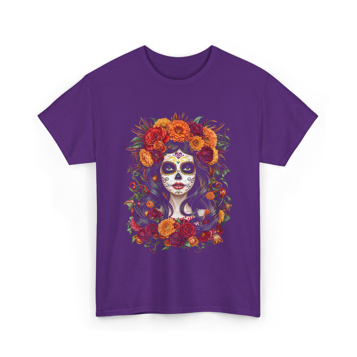 La Catrina Sugar Skull Floral T-Shirt - Purple