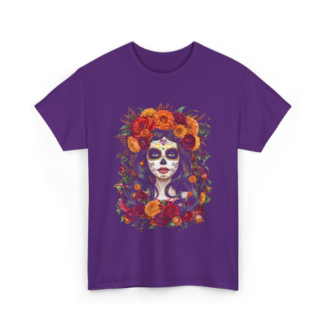 La Catrina Sugar Skull Floral T-Shirt - Purple