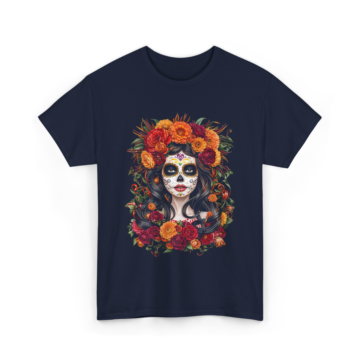 La Catrina Sugar Skull Floral T-Shirt - Navy