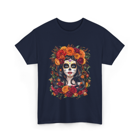 La Catrina Sugar Skull Floral T-Shirt - Navy