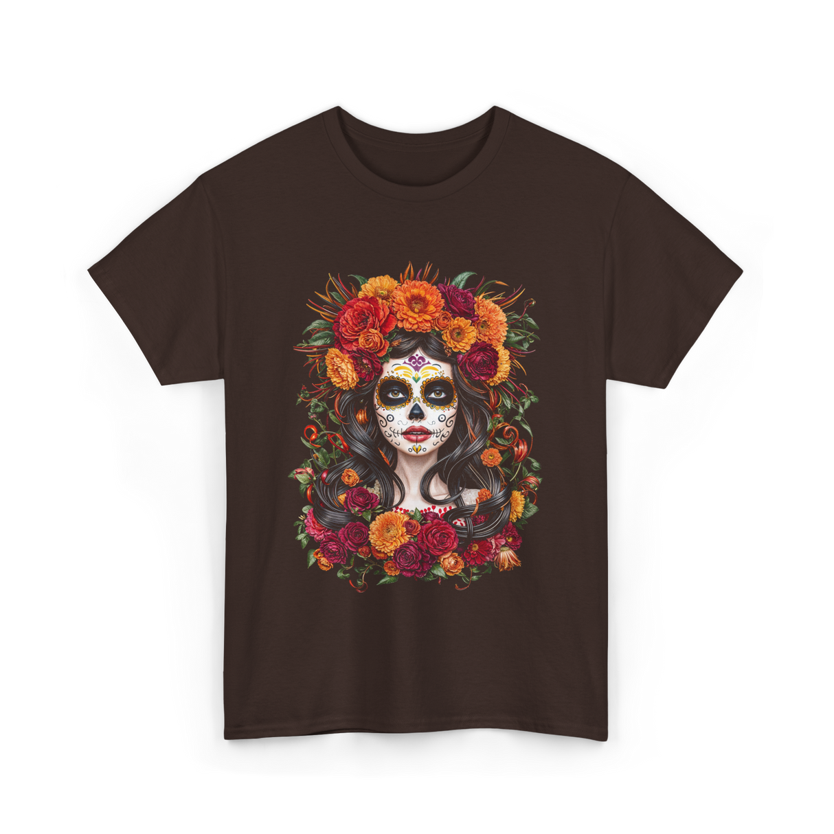 La Catrina Sugar Skull Floral T-Shirt - Dark Chocolate