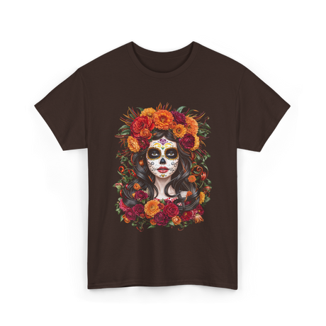 La Catrina Sugar Skull Floral T-Shirt - Dark Chocolate