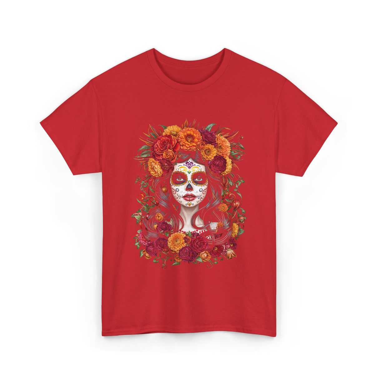 La Catrina Sugar Skull Floral T-Shirt - Red