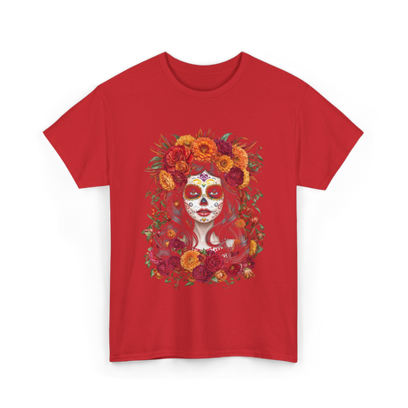 La Catrina Sugar Skull Floral T-Shirt - Red