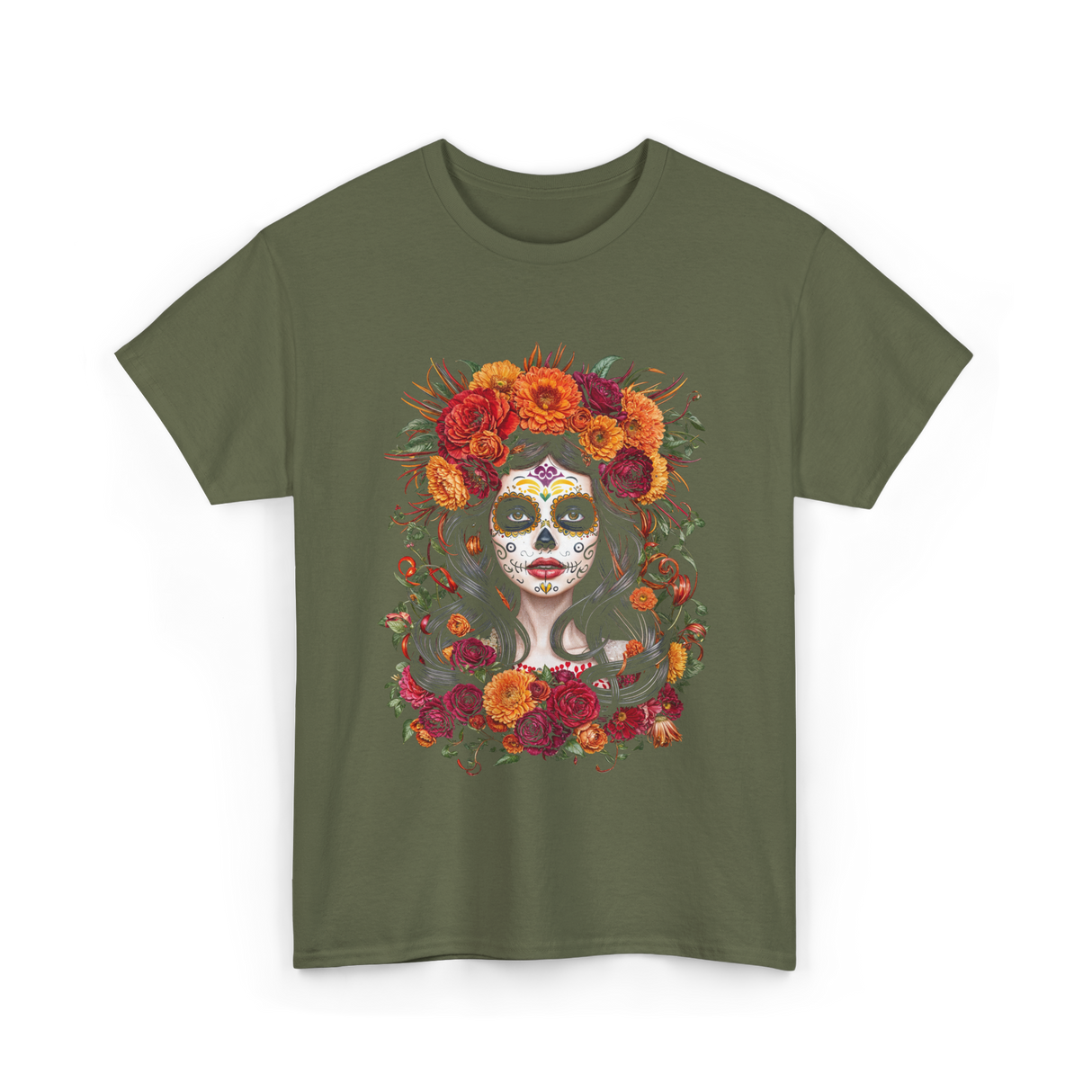 La Catrina Sugar Skull Floral T-Shirt - Military Green