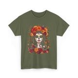 La Catrina Sugar Skull Floral T-Shirt - Military Green