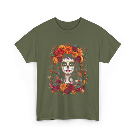 La Catrina Sugar Skull Floral T-Shirt - Military Green