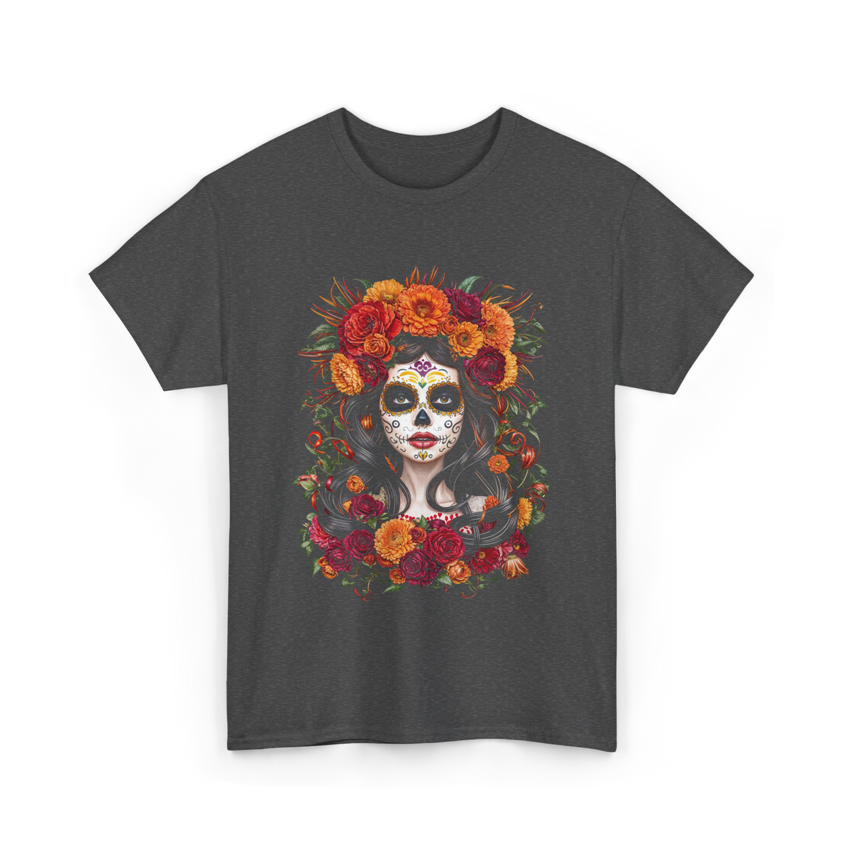 La Catrina Sugar Skull Floral T-Shirt - Dark Heather