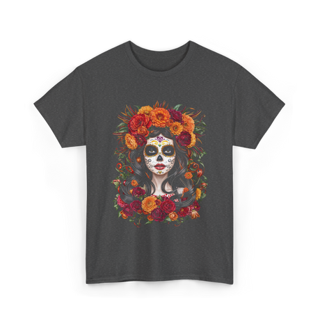 La Catrina Sugar Skull Floral T-Shirt - Dark Heather