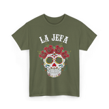 La Jefa Sugar Skull Dia De Los Muertos T-Shirt - Military Green