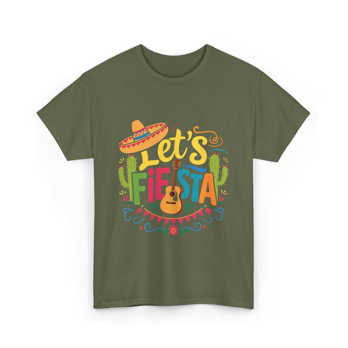 Let's Fiesta Guitar Cactus T-Shirt - Military Green