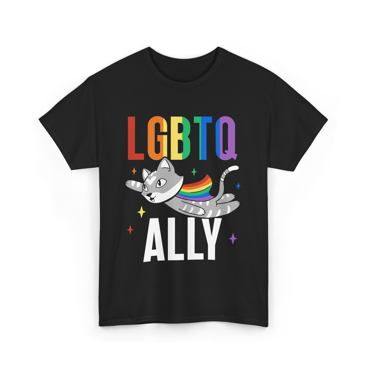 LGBTQ Ally Colorful Cat T-Shirt - Black