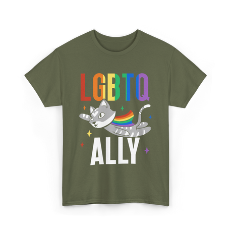 LGBTQ Ally Colorful Cat T-Shirt - Military Green