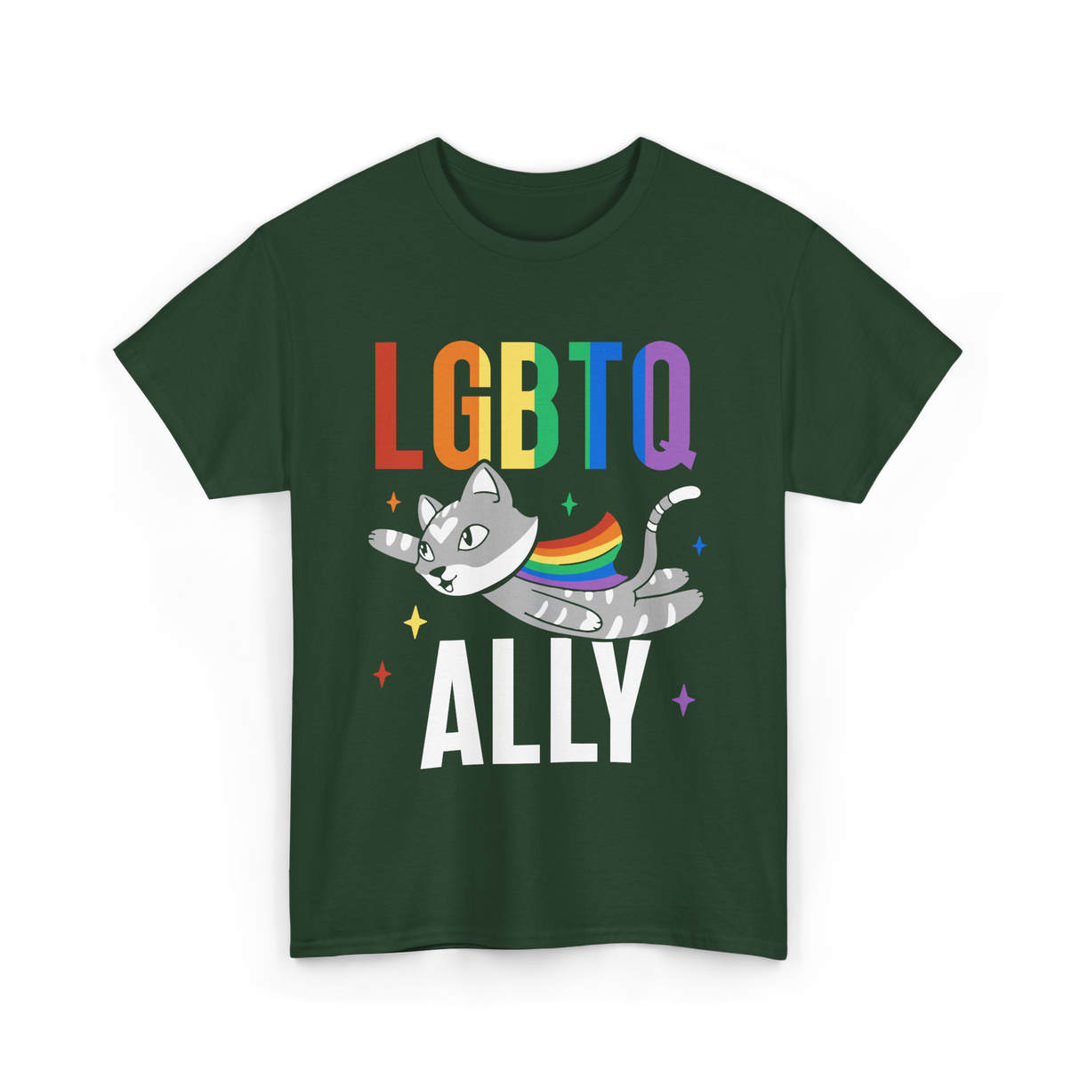 LGBTQ Ally Colorful Cat T-Shirt - Forest Green