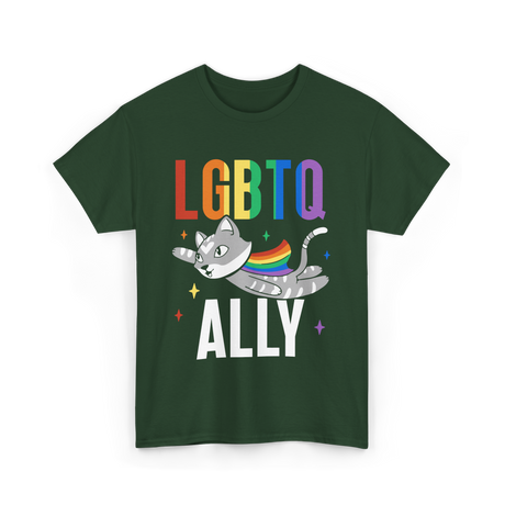 LGBTQ Ally Colorful Cat T-Shirt - Forest Green