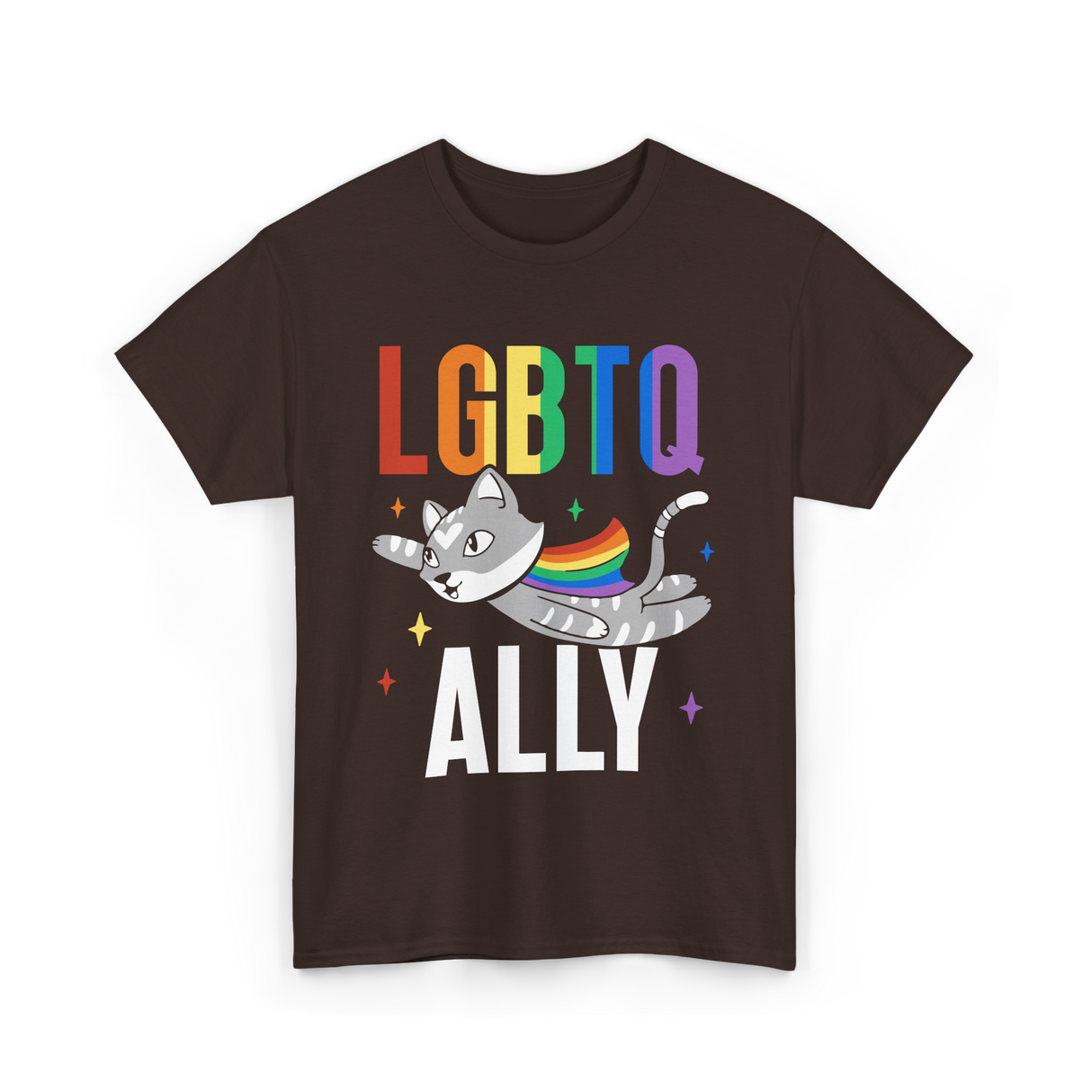 LGBTQ Ally Colorful Cat T-Shirt - Dark Chocolate