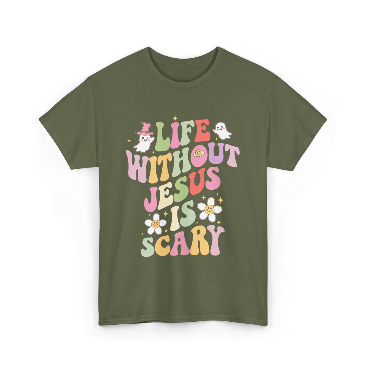 Life Without Us Jesus Scary T-Shirt - Military Green