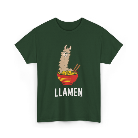 Llamen Llama Noodles Food T-Shirt - Forest Green