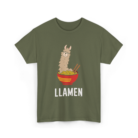 Llamen Llama Noodles Food T-Shirt - Military Green