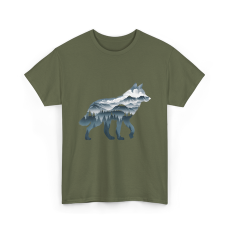 Lone Wolf Mountain Art Wolf T-Shirt - Military Green