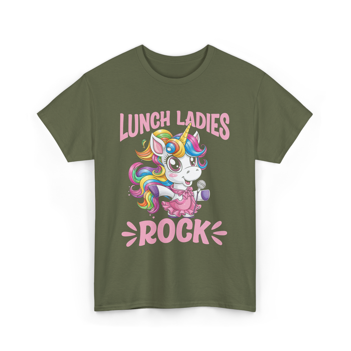 Lunch Ladies Rock Cute Unicorn T-Shirt - Military Green