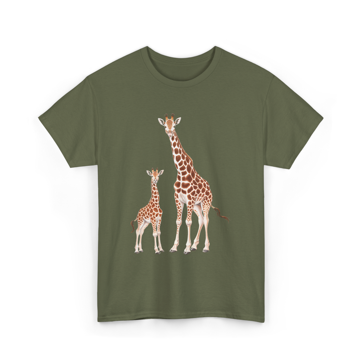 Mama Baby Giraffe Wildlife T-Shirt - Military Green