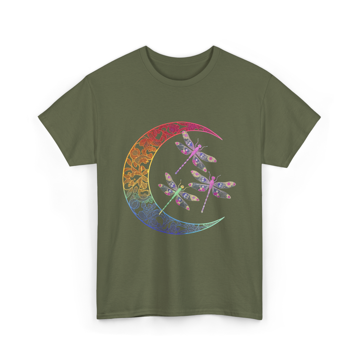 Mandala Dragonfly Moon Dragonflies T-Shirt - Military Green