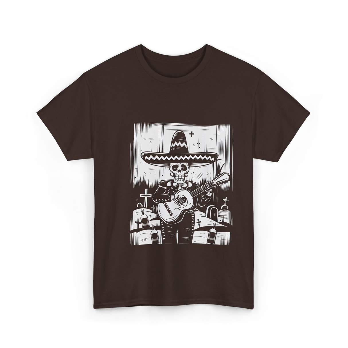 Mariachi Skeleton Dia De Los Muertos T-Shirt - Dark Chocolate