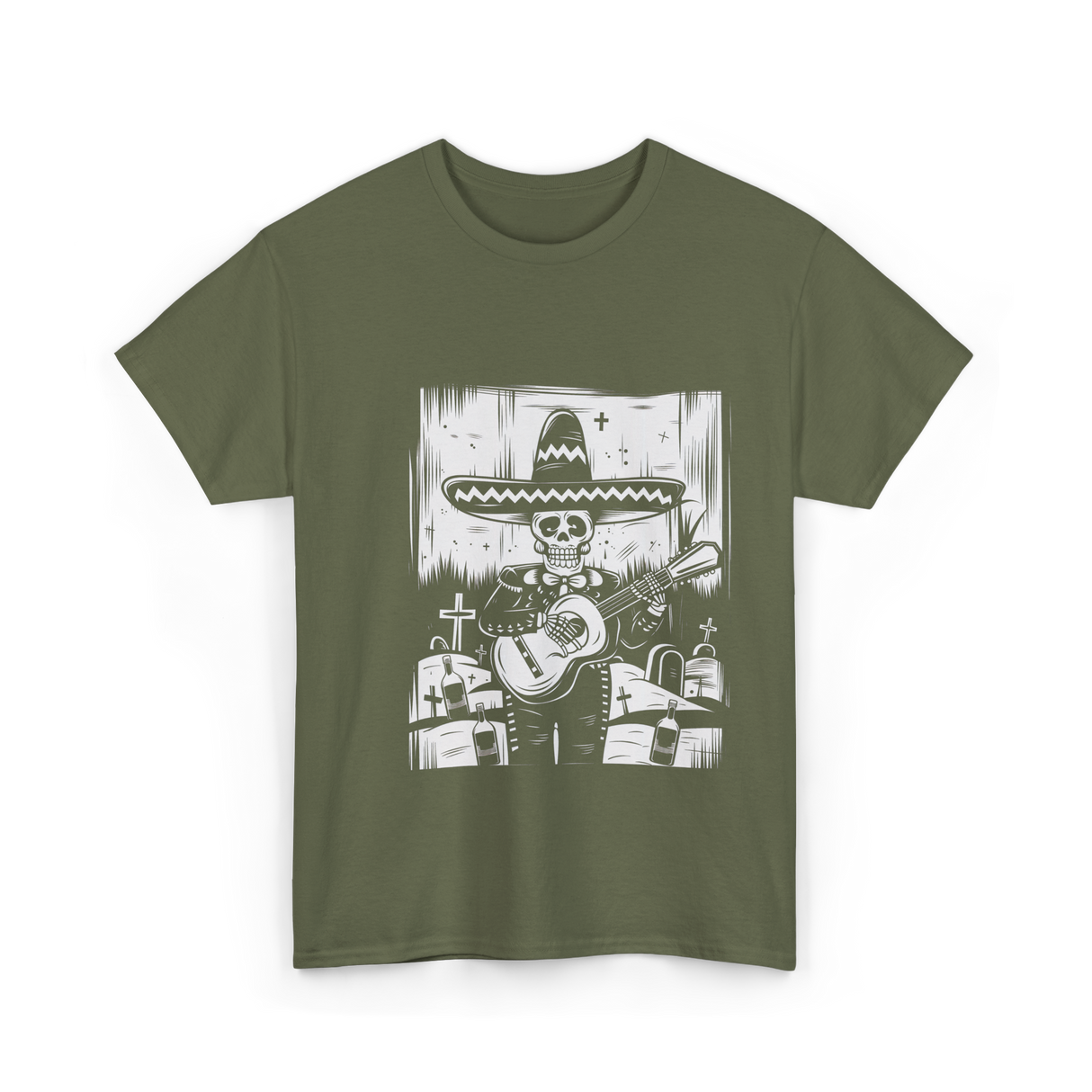 Mariachi Skeleton Dia De Los Muertos T-Shirt - Military Green