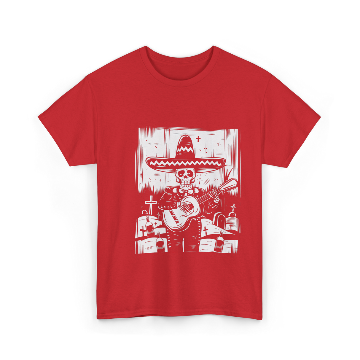 Mariachi Skeleton Dia De Los Muertos T-Shirt - Red