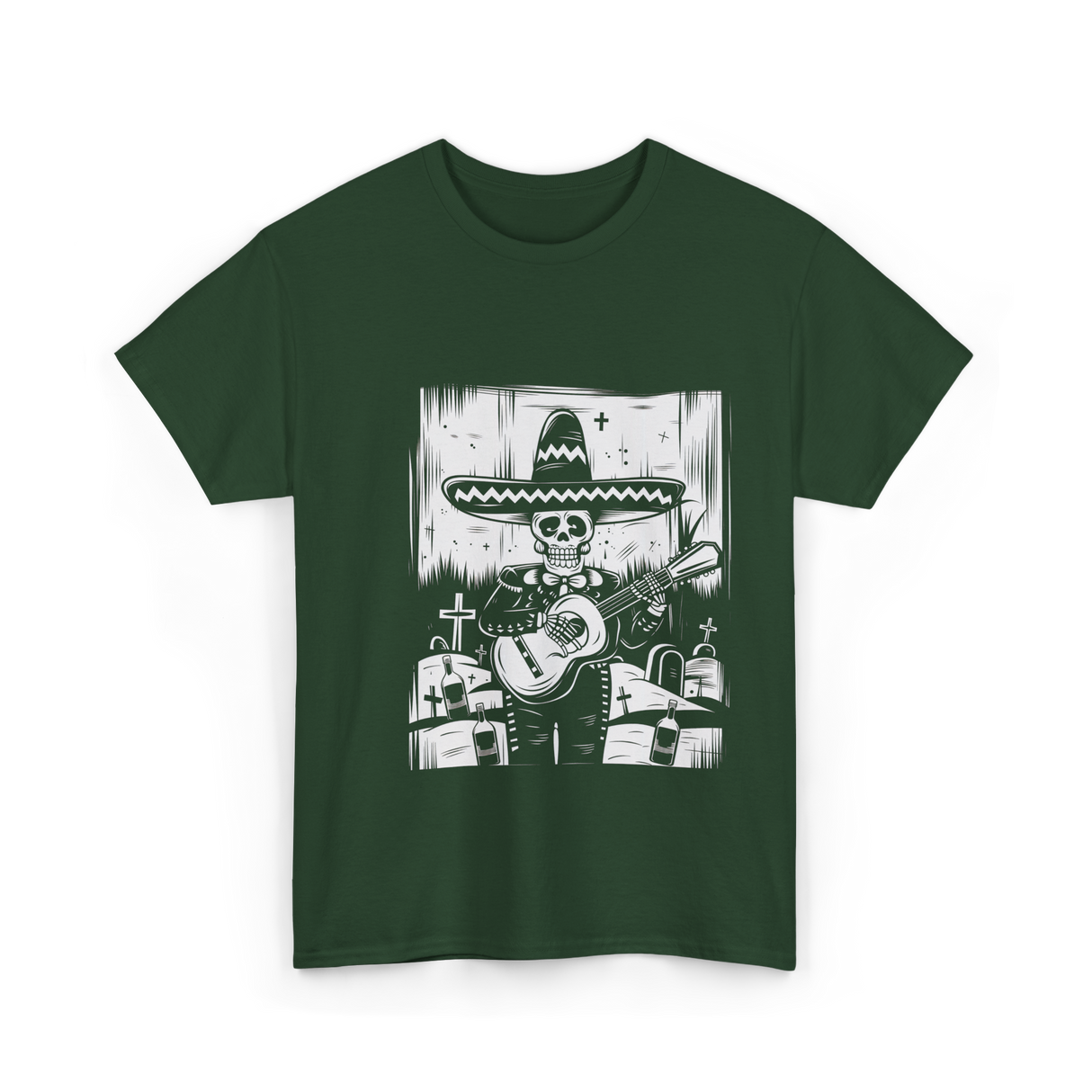 Mariachi Skeleton Dia De Los Muertos T-Shirt - Forest Green