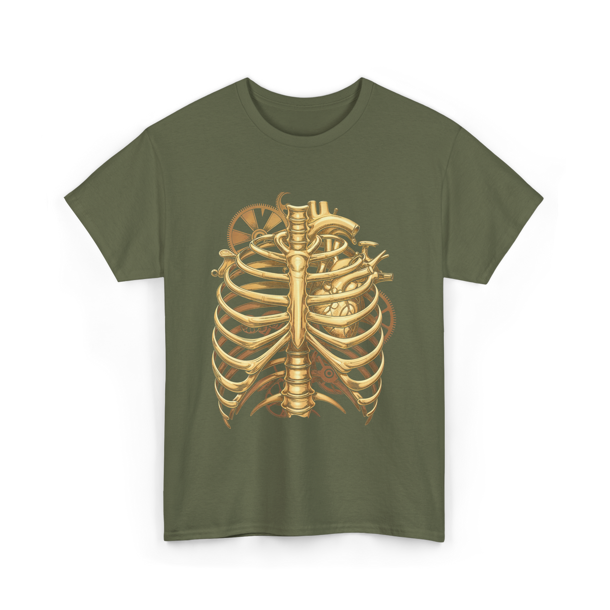 Mechanical Heart Rib Cage Anatomy T-Shirt - Military Green