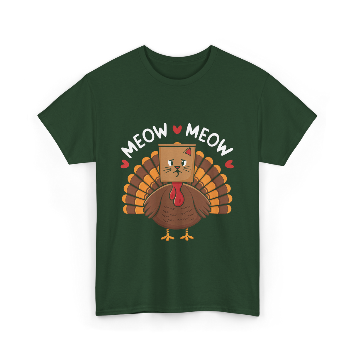 Meow Meow Thanksgiving Turkey Cat T-Shirt - Forest Green