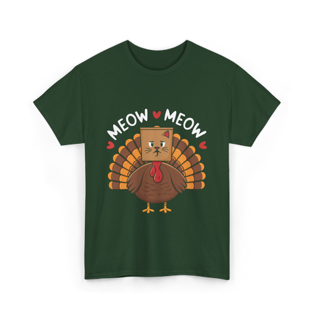 Meow Meow Thanksgiving Turkey Cat T-Shirt - Forest Green