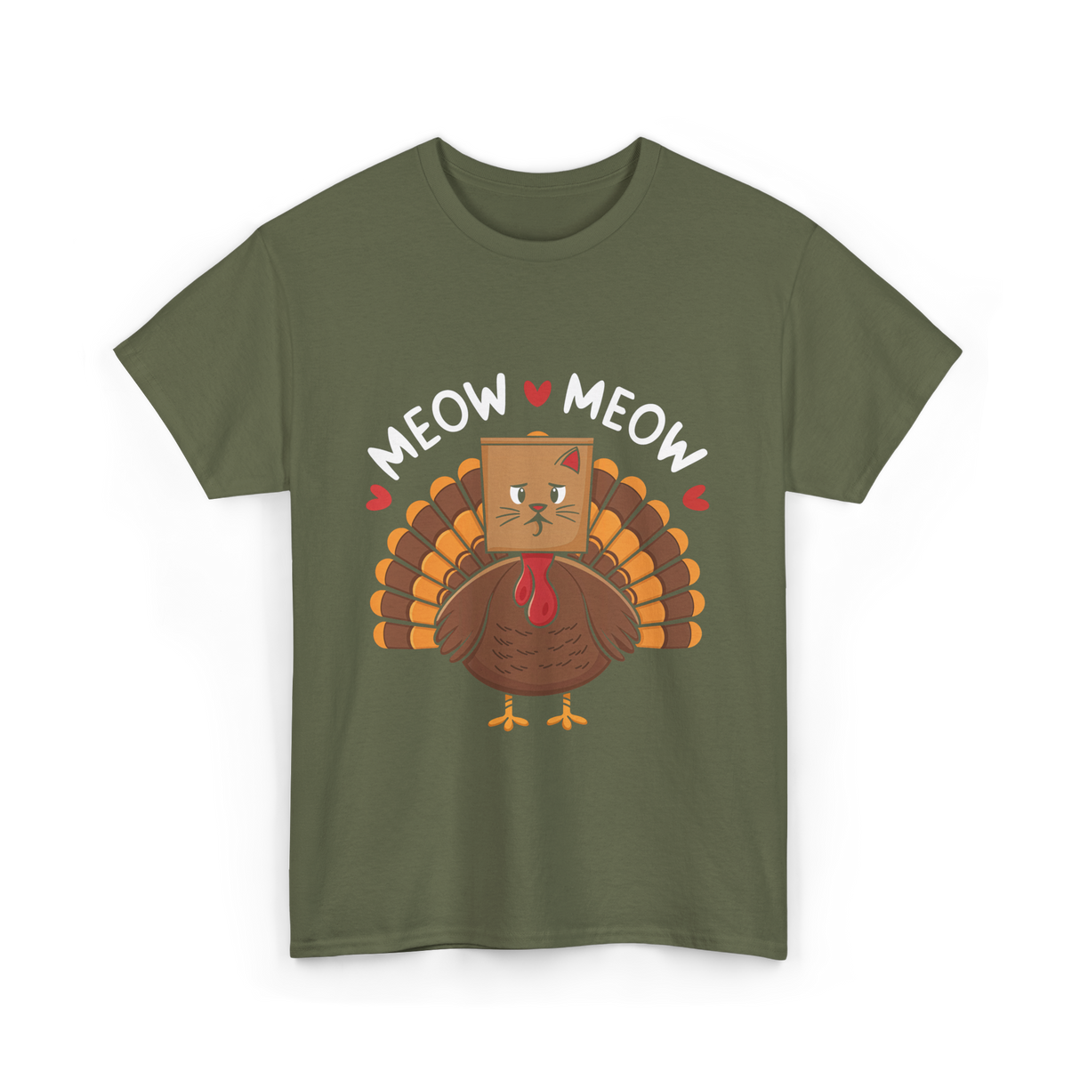 Meow Meow Thanksgiving Turkey Cat T-Shirt - Military Green