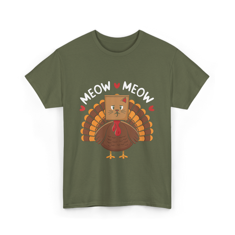 Meow Meow Thanksgiving Turkey Cat T-Shirt - Military Green