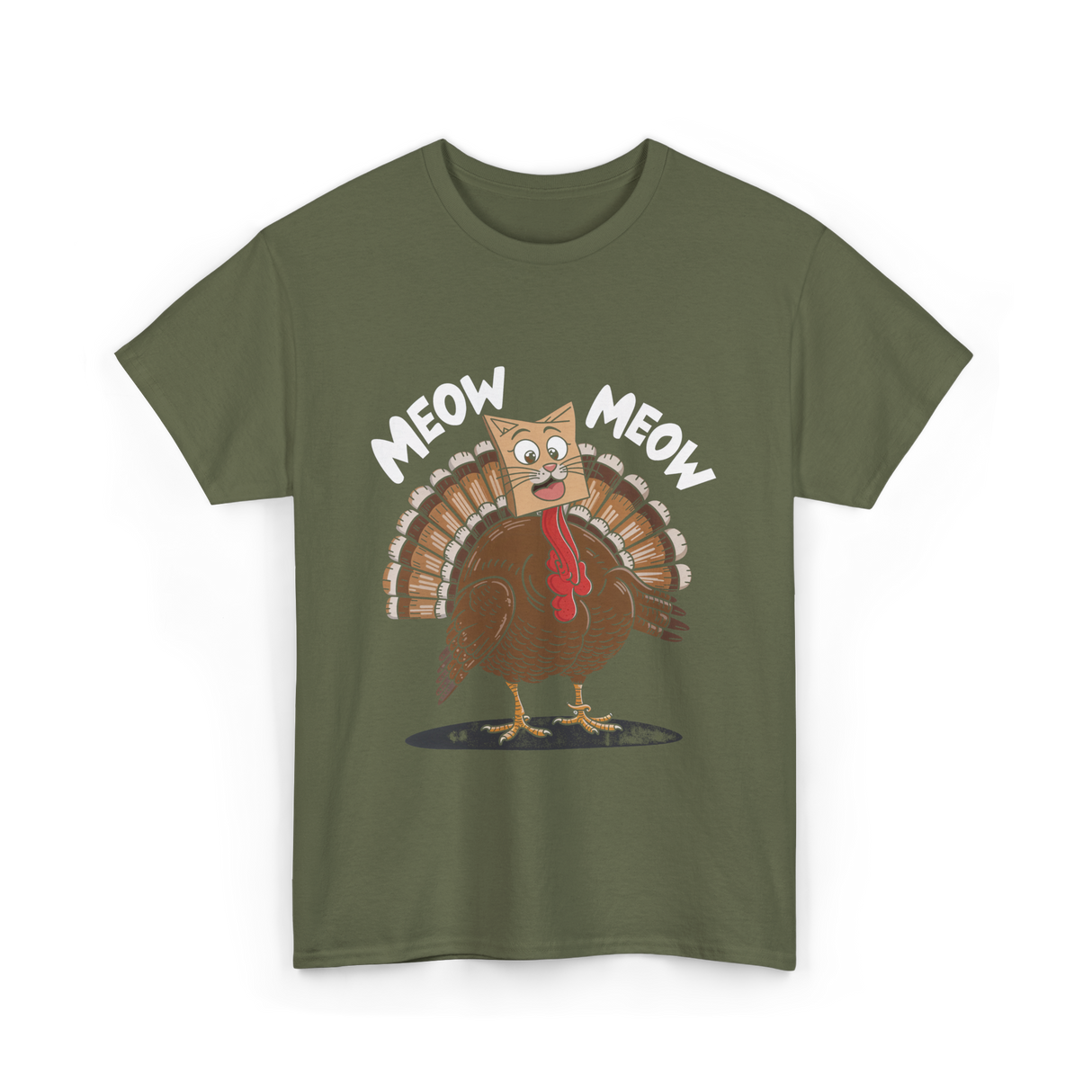 Meow Turkey Thanksgiving Cat T-Shirt - Military Green