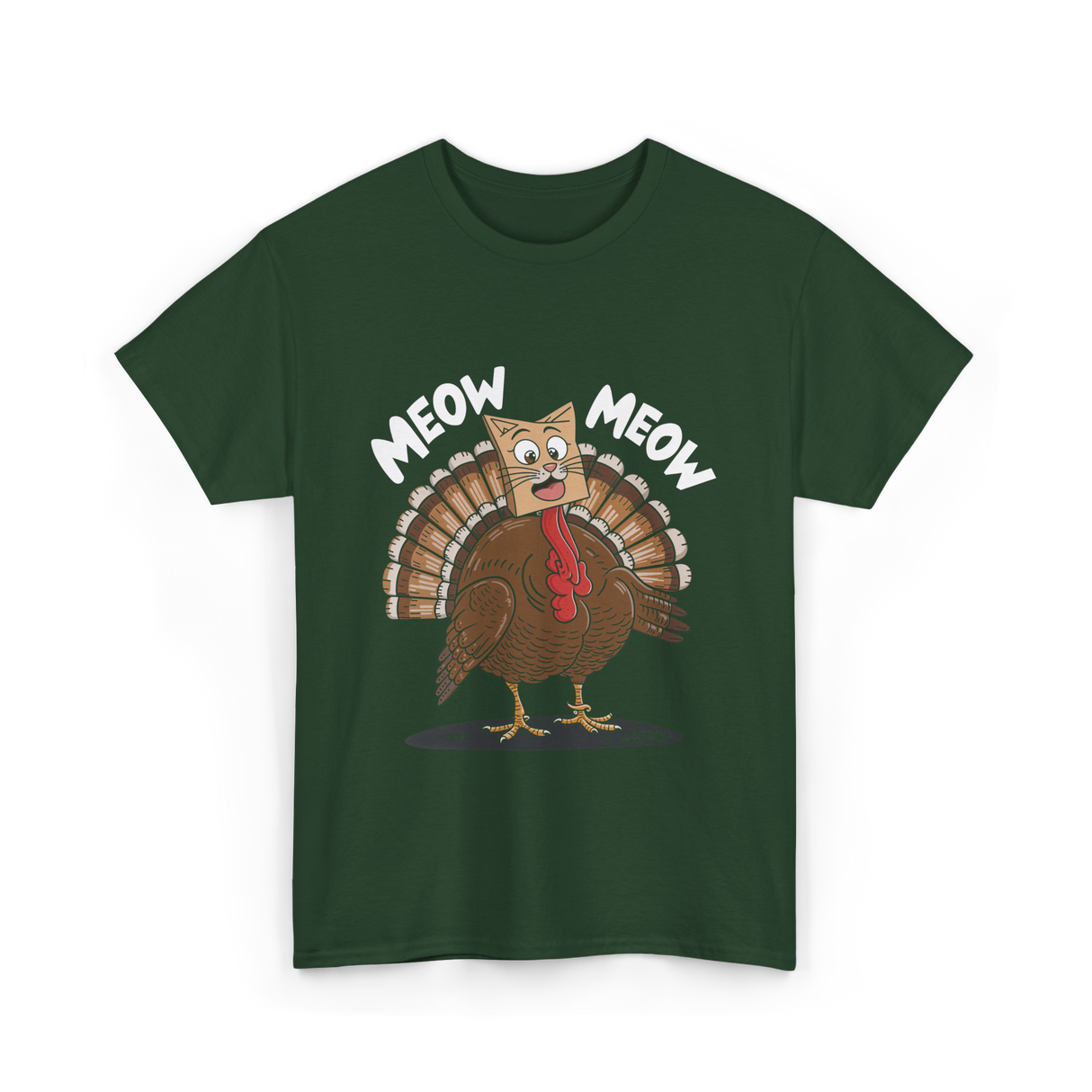 Meow Turkey Thanksgiving Cat T-Shirt - Forest Green