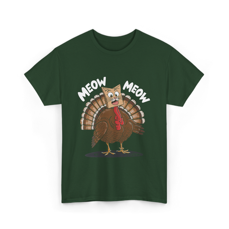 Meow Turkey Thanksgiving Cat T-Shirt - Forest Green